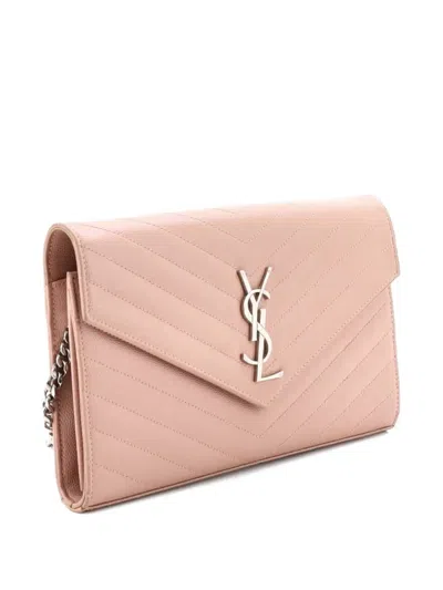 Pre-owned Saint Laurent Classic Monogram Wallet On Chain Matelasse Chevron Leather Medium Crossbody Bag In Pink