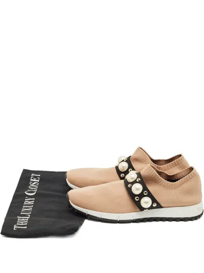 Pre-owned Jimmy Choo Knitted Studded Sneakers In Neutral