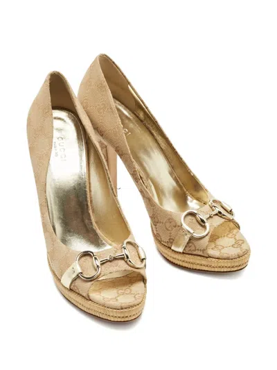 Pre-owned Gucci Horsebit Canvas Peep-toe Pumps In Neutral