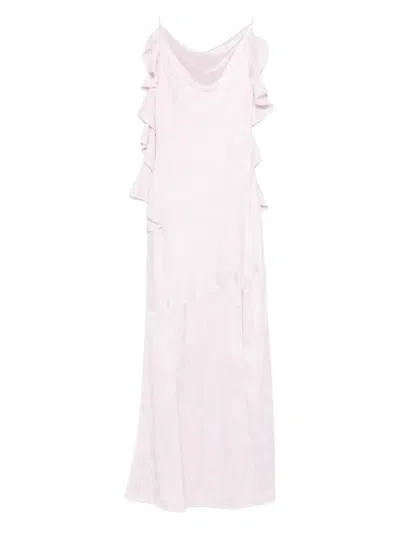 Rotate Birger Christensen Rotate Birgerchristensen Long Pink Satin Jacquard Dress With Ruffles In Pink