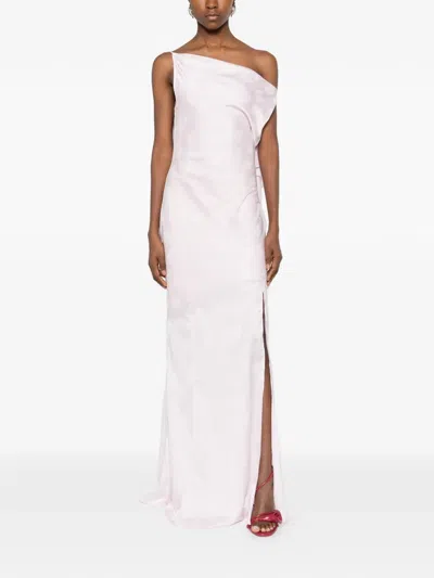 Rotate Birger Christensen Rotate Birgerchristensen Long Pink Satin Jacquard Dress With Ruffles In Pink