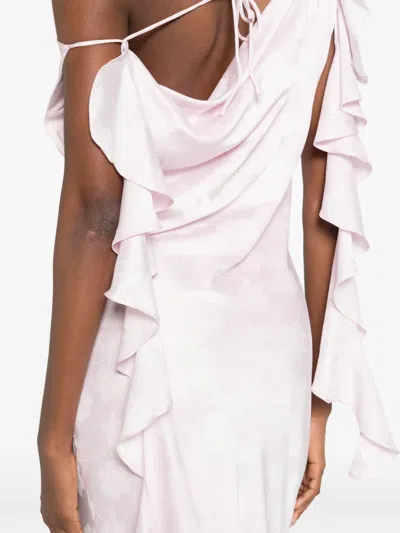 Rotate Birger Christensen Rotate Birgerchristensen Long Pink Satin Jacquard Dress With Ruffles In Pink