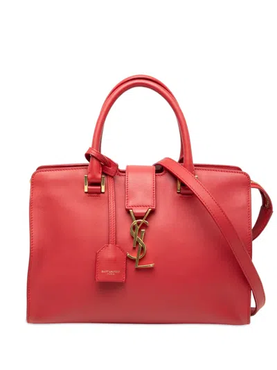 Pre-owned Saint Laurent 2017 Baby Leather Monogram Downtown Cabas Satchel In Red