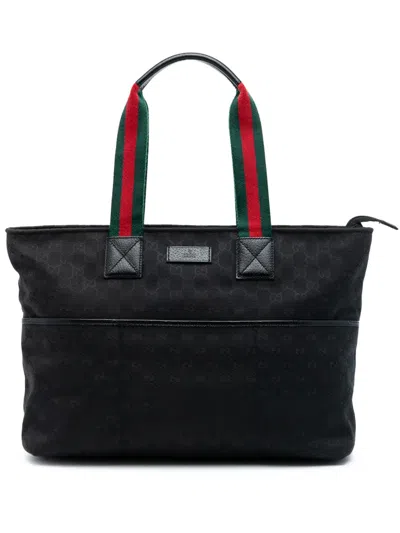 Pre-owned Gucci 2016-2025 Gg Canvas Web Tote Bag In Black