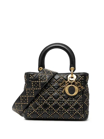 Pre-owned Dior 2017 Medium Lambskin Cannage Studded Supple Lady  Satchel In Black