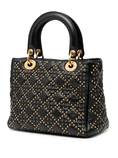 Pre-owned Dior 2017 Medium Lambskin Cannage Studded Supple Lady  Satchel In Black