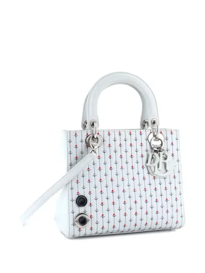 Pre-owned Dior Lady  Bag Embroidered Leather With Applique Medium Satchel In Blue