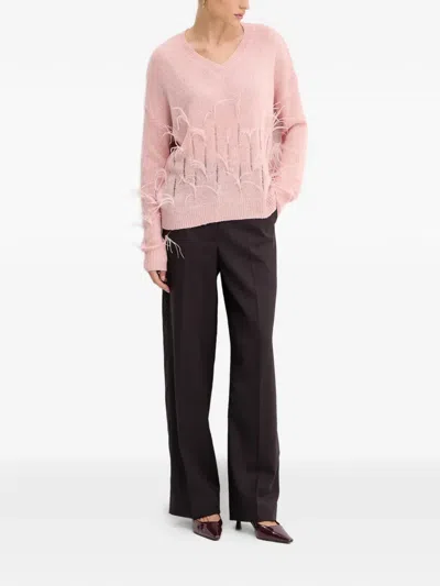 Fracomina Feather-embellished V-neck Sweater In Pink