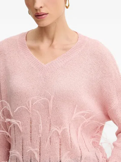 Fracomina Feather-embellished V-neck Sweater In Pink