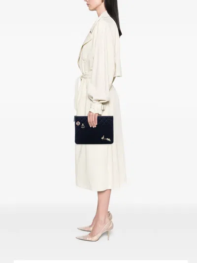 Pre-owned Chanel 2018-2019 Paris Hamburg Medium Quilted Wool Coco Sailor Charms O Case Clutch Bag In Blue