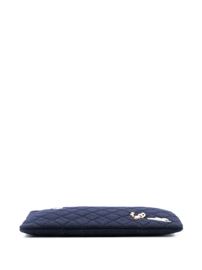 Pre-owned Chanel 2018-2019 Paris Hamburg Medium Quilted Wool Coco Sailor Charms O Case Clutch Bag In Blue