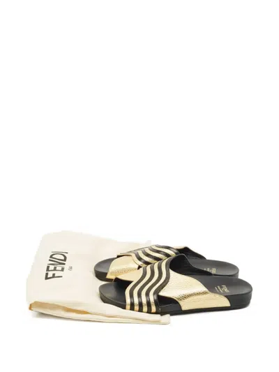 Pre-owned Fendi Stripes Leather Slides In Gold