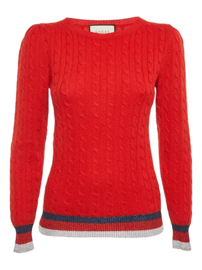 Pre-owned Gucci Cable-knit Lamé-trim Sweater In Red