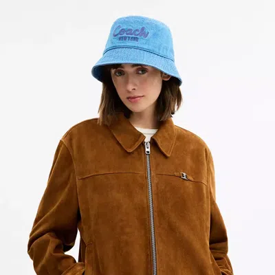 Coach Script Embroidered Denim Bucket Hat In Blue