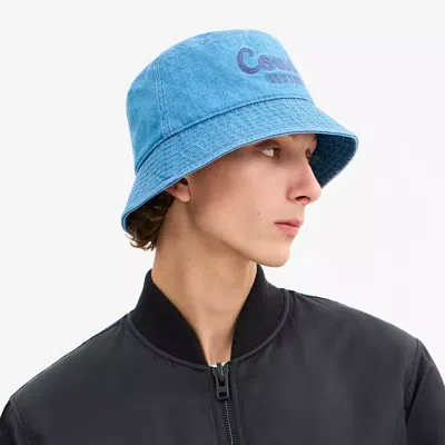 Coach Script Embroidered Denim Bucket Hat In Blue