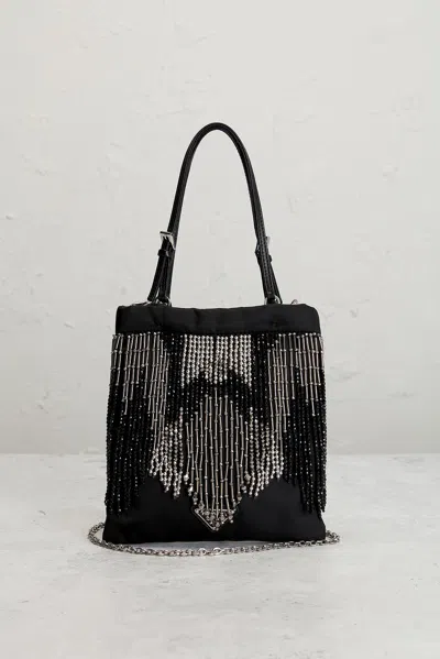 Pre-owned Prada Nylon Fringe Tote Bag In Black