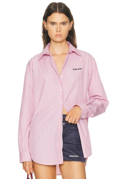 Miu Miu Logo-embroidered Striped Shirt In Pink
