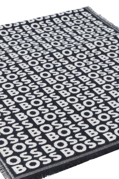 Hugo Boss Jacquard Viscose Scarf Fringed Edges In Black