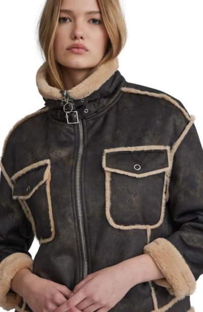 Nvlt Faux Fur Trim Faux Suede Biker Jacket In Brown