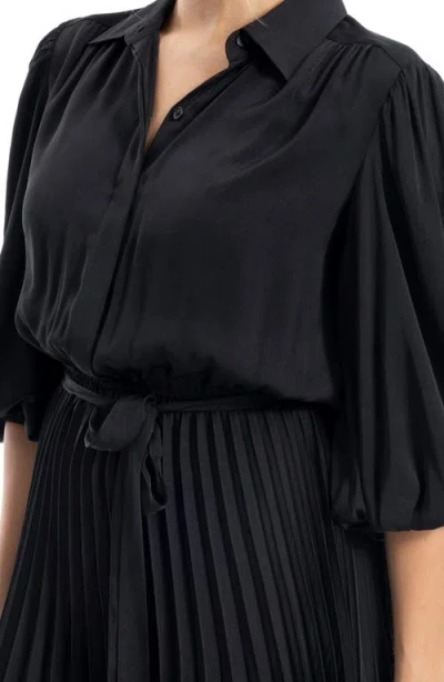 Max Studio Three-quarter Sleeve Satin Midi Shirtdress In Black