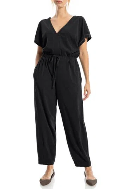 Max Studio Short Sleeve Tie Waist Jumpsuit In Black