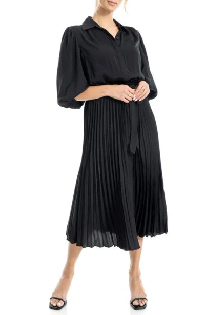 Max Studio Three-quarter Sleeve Satin Midi Shirtdress In Black