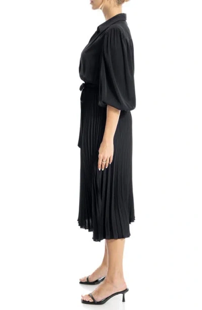 Max Studio Three-quarter Sleeve Satin Midi Shirtdress In Black