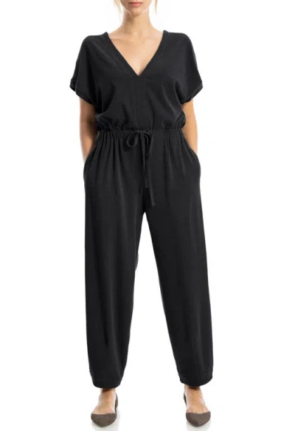 Max Studio Short Sleeve Tie Waist Jumpsuit In Black
