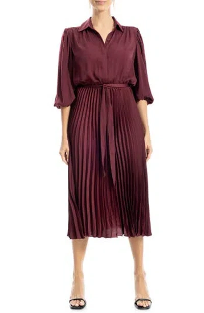 Max Studio Three-quarter Sleeve Satin Midi Shirtdress In Burgundy
