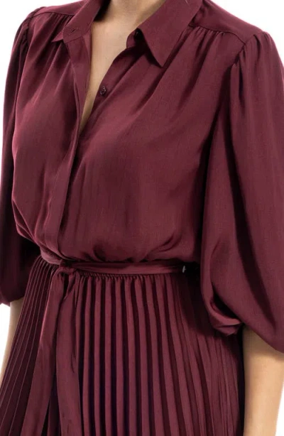 Max Studio Three-quarter Sleeve Satin Midi Shirtdress In Burgundy