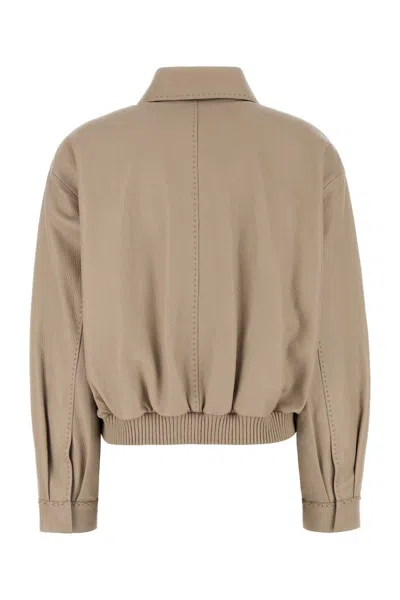 Fendi Leather Jacket With Collared Design And Pockets In Nude