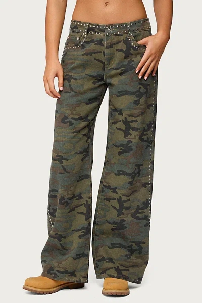 Edikted Quincy Studded Low Rise Jeans In Olive/washed, Women's At Urban Outfitters In Green