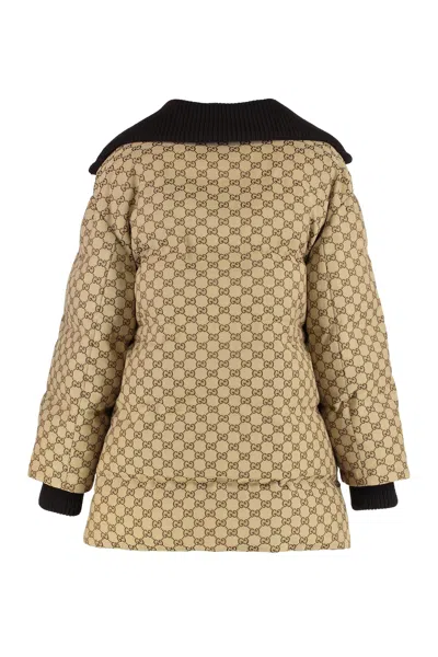 Gucci Down Jacket In Gg Fabric In Brown