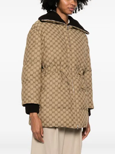 Gucci Down Jacket In Gg Fabric In Brown