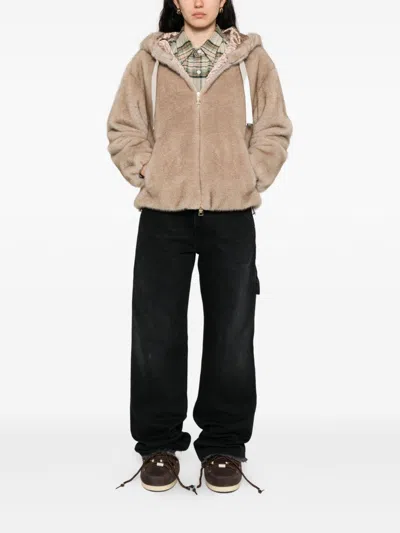 Herno "bomber" Soft Faux Fux Jacket In Brown