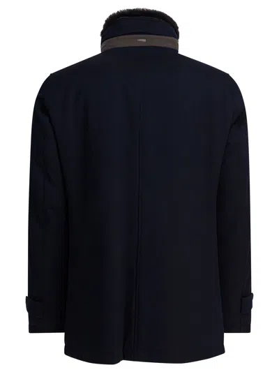Herno Structured Blue Virgin Wool Coat With Plush Fur Collar In Black