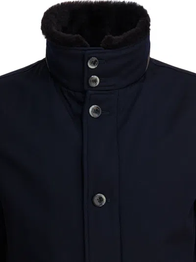 Herno Structured Blue Virgin Wool Coat With Plush Fur Collar In Black