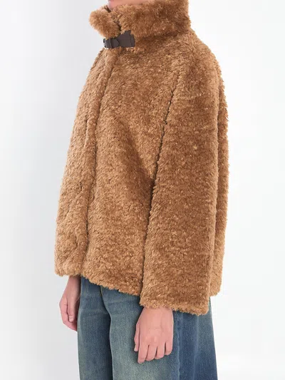 Herno Plush Faux Fur Jacket With High Collar And Buckle Closure In Brown