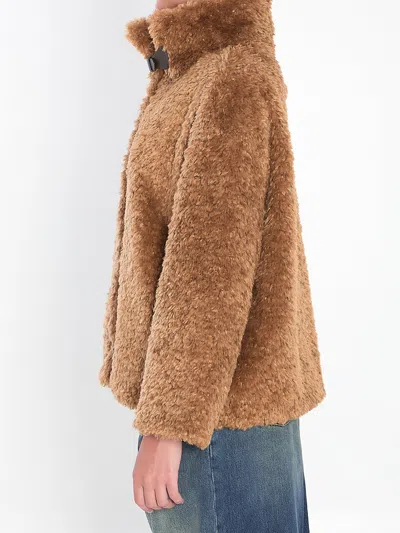 Herno Plush Faux Fur Jacket With High Collar And Buckle Closure In Brown
