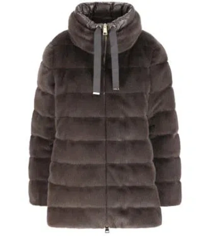 Herno Grey Down Jacket In Faux Fur With Hood In Brown