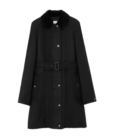 Burberry Corduroy-collar Belted Cotton Coat In Black
