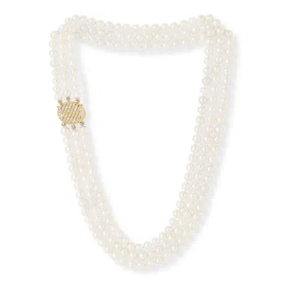 Pearls Of The Orient Online Women's White Stella Triple Strand Cultured Freshwater Pearl Necklace With Oval Gold Plate Art Deco  In White