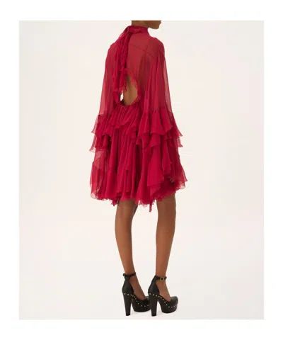 Chloé Sheer Detailed Ruffled Dress In Red