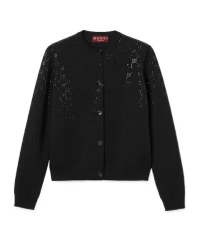 Gucci Women Wool And Viscose Cardigan With All-over Gg Logo In Black