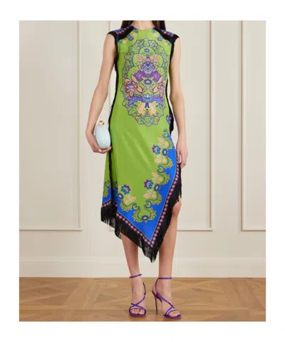 La Doublej Fringed Asymmetric Printed Silk Midi Dress In Green