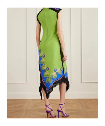 La Doublej Fringed Asymmetric Printed Silk Midi Dress In Green