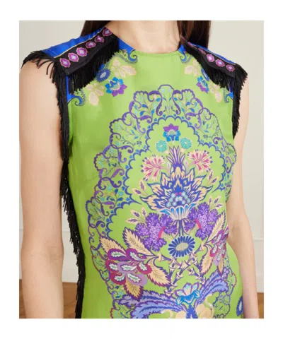 La Doublej Fringed Asymmetric Printed Silk Midi Dress In Green