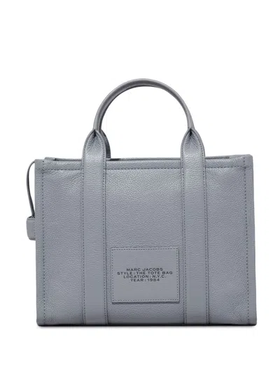 Marc Jacobs The Medium Tote Bag Grey Shoulder Bag With Logo In Grainy Leather Woman In Blue