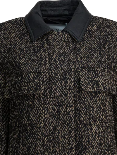 Max Mara Herringbone Pattern Wool Jacket With Leather Collar In Black