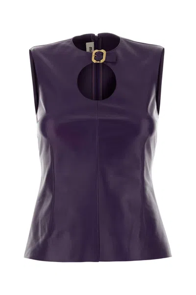 Miu Miu Sleeveless Fitted Leather Top Featuring Buckle In Purple